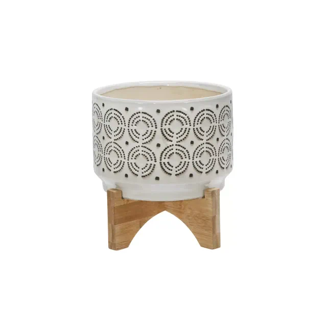 Sagebrook Home 8"H 7" Diameter Ivory and Gray Swirl Pattern Ceramic Planter on Bamboo Wood Stand for Living Room, Dining Room, or Patio