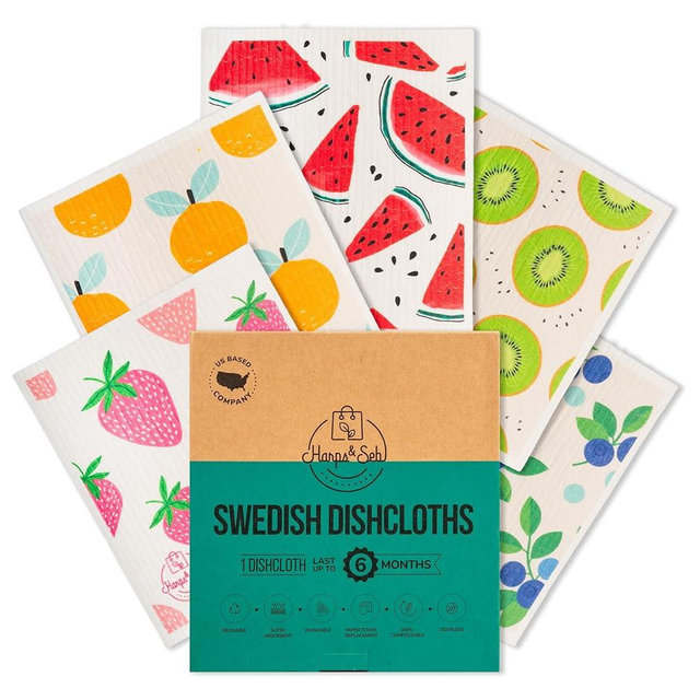 Harps&Seb Swedish Dishcloths for Kitchen Dish Towels - 5 Pack, Non-Scratch Reusable Paper Towels, Super Absorbent Washable Swedish Dish Cloths, No Odor, Biodegradable,Summer Design