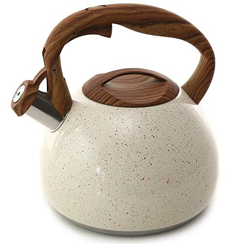 Tea Kettle, 2.7 Quart BELANKO Teapot for Stovetops Wood Pattern Handle with Loud Whistle Food Grade Stainless Steel Tea Pot Water Kettle - White