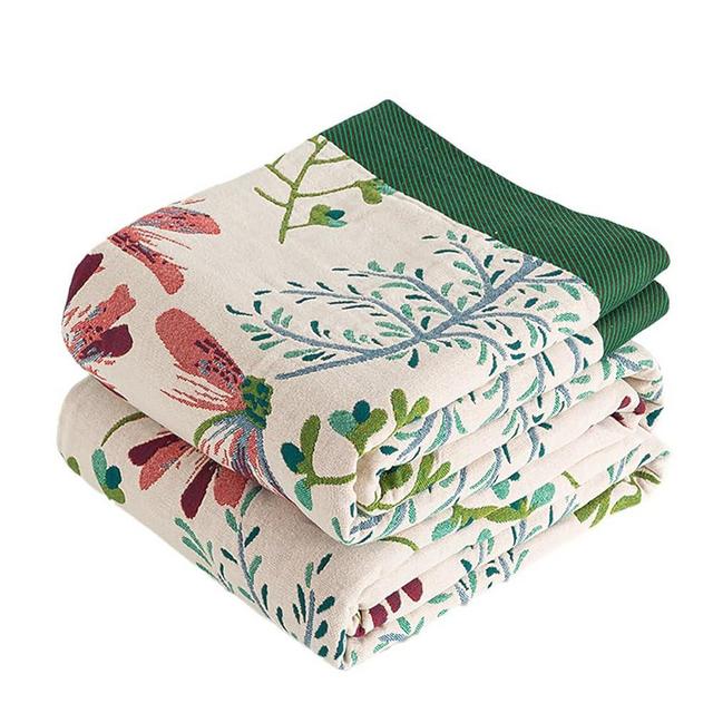 VANJOROY Boho Large Throw Blanket, 100% Organic Cotton Breathable Soft Bed Throw - Floral Bird Farmhouse Decor Blanket for Sofa Couch Chair Quilt and Gift. (Flower-Green, 91" x 98")