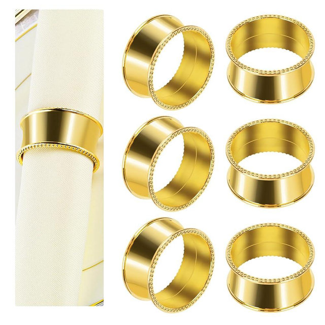 Frjjthchy 12 Pcs Stainless Steel Bead Side Napkin Rings Delicate Serviette Buckles (Gold)
