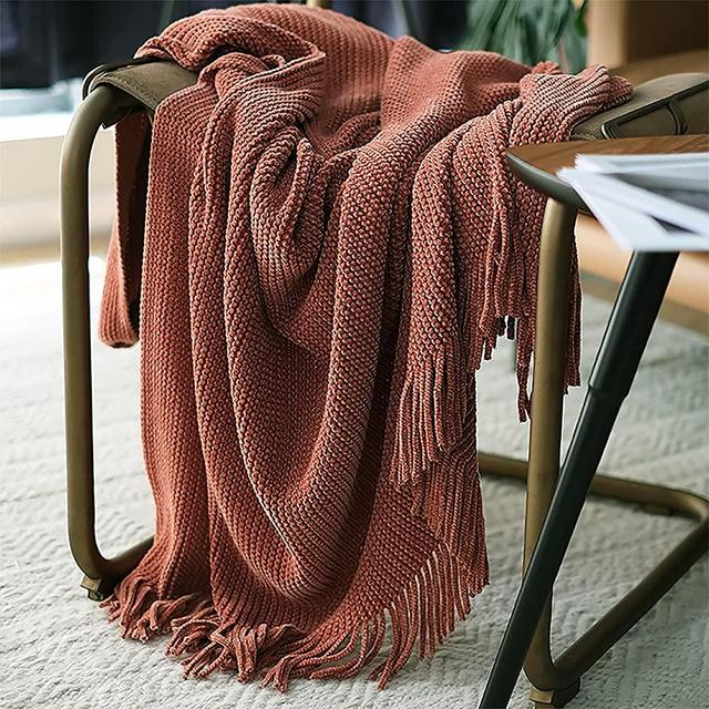 LIFEIN Throw Blanket for Couch, Knit Woven Blanket, 50x60 Inch -Soft Cozy Lightweight Textured Decorative Blanket with Tassels for Bed, Sofa, Chair, Travel - All Seasons Suitable (Chenille Rust)