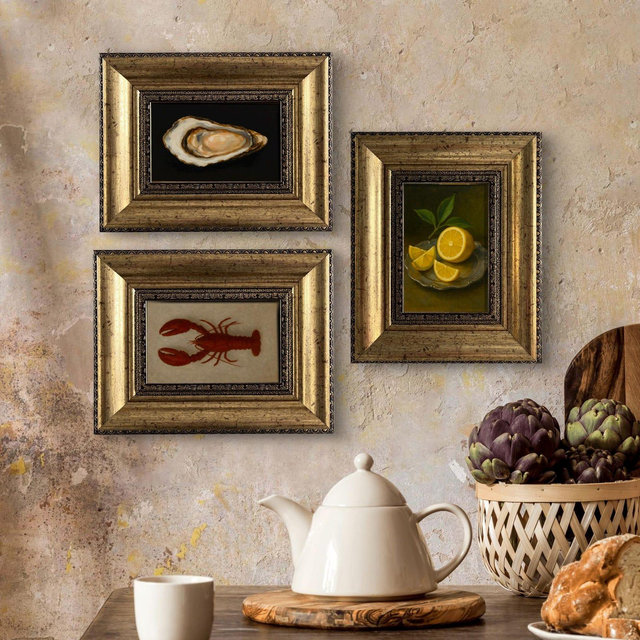French Kitchen Wall Art – Set of 3 Original Framed Oil Paintings – Lobster, Lemon, Oyster