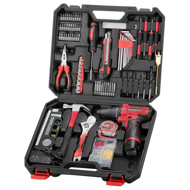 POWKITS Cordless Drill Tool Set: 12V Power Drill Tool Kit with Laser Level, Battery & Charger, 142Pcs Home Hand Repair Tools Box, Portable Household Basic Drills Case for Men & Women, Red