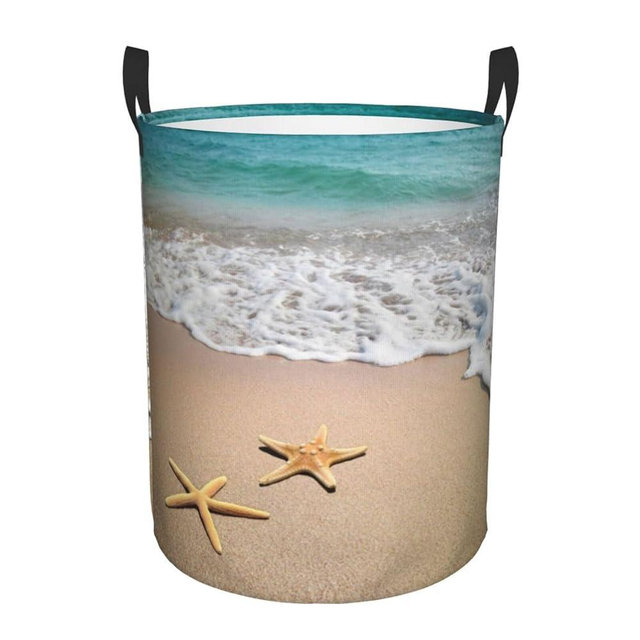 Laundry Basket Beach Starfish Room Decor,Round Laundry Hamper Waterproof Dirty Clothes Hamper Collapsible Laundry Baskets With Handles,Toy/Clothes Storage Beach Towel Basket For Dorm Bathroom Decor
