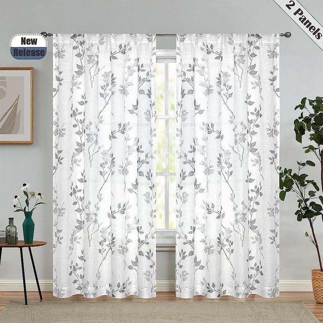Beauoop Floral Semi Sheer Curtains 84 Inch Length for Living Room Bedroom Farmhouse Botanical Leaf Printed Rustic Linen Textured Panel Drapes Rod Pocket Window Treatment, Set of 2, 50 Inch Wide, Gray
