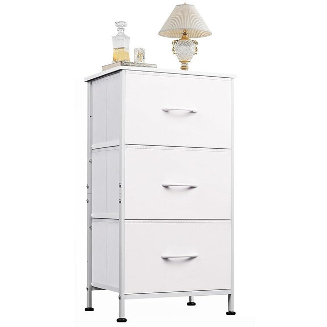 WLIVE Nightstand with 3 Drawers, Fabric Dresser, Organizer Unit, Storage Dresser for Bedroom, Hallway, Entryway, Closets, Sturdy Steel Frame, Wood Top, Easy Pull Handle, White
