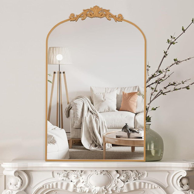 Filigree Arched Wall Mirror 22"x46" Retro Wall-Mounted Mirror with Vintage Ornate Carved Applique Hanging Leaning Antique Home Decor Mirror for Fireplace Living Room Entryway Hallway Bathroom, Gold