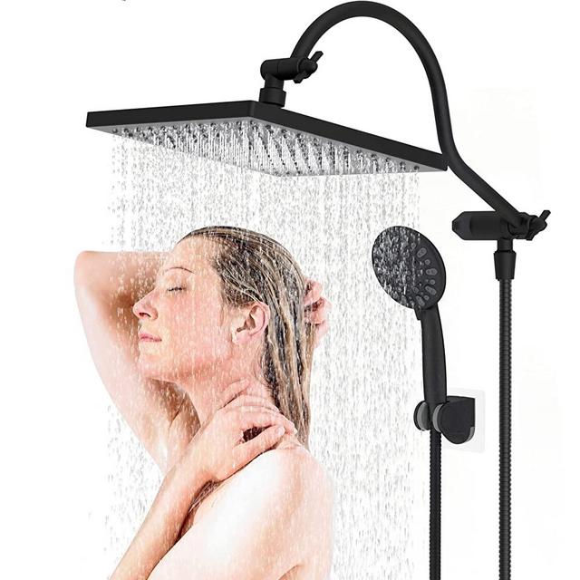 Hibbent 10 Inch High Pressure Rainfall Shower Head / Handheld Showerhead Combo with 12 Inch Adjustable Curved Shower Extension Arm,7-Spray,71-inch Hose Adhesive Showerhead Holder,Oil-Rubbed Bronze