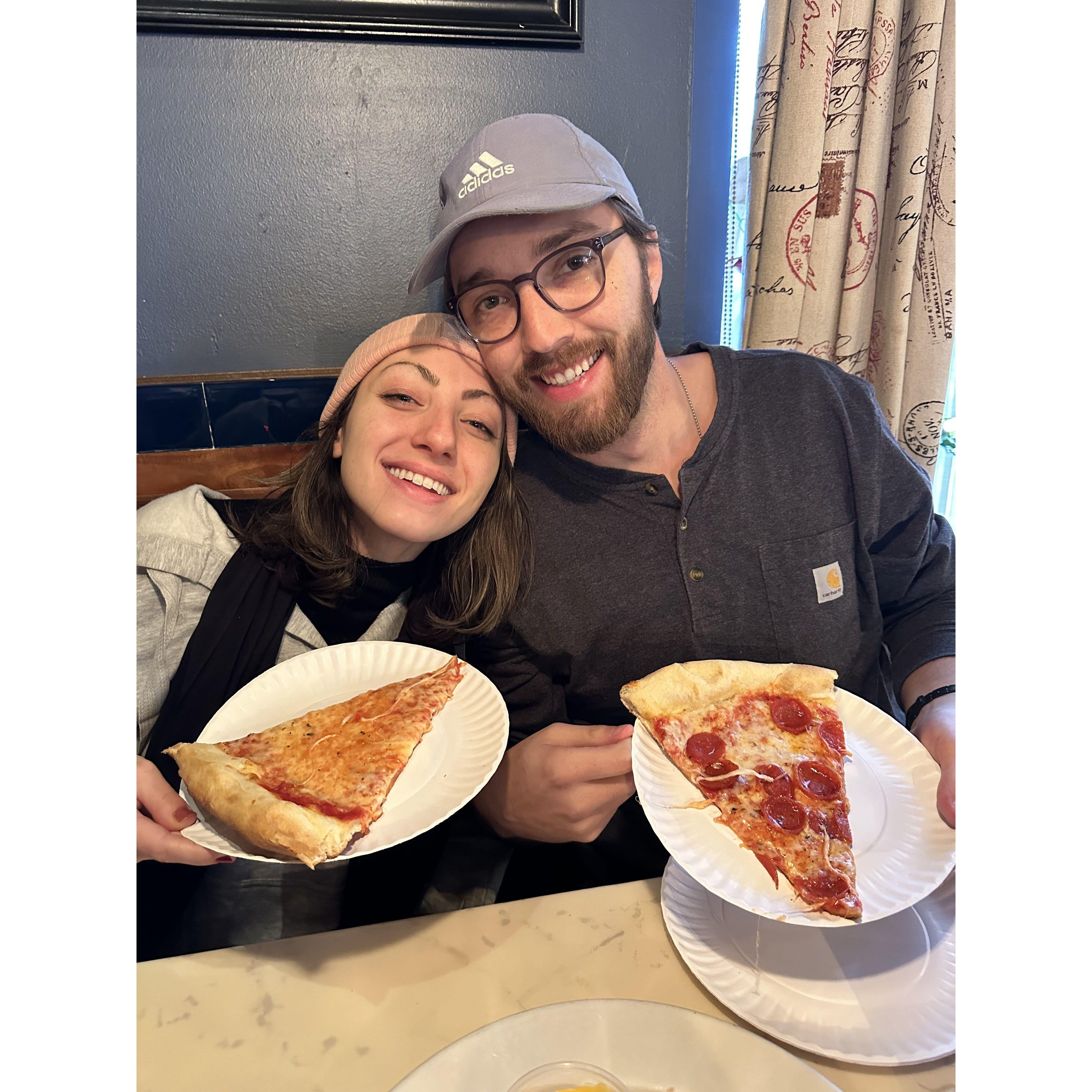 Getting Kadin some real Jersey pizza from Riv in Kira's hometown.