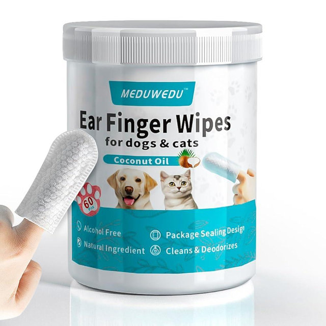 MEDUWEDU Ear Cleaner Finger Wipes 60 Counts, Dog Ear Cleaner, Grooming Kit Care for Dogs and Cats, Soft & Easy Otic Cleaning Pads, Remove Wax, Dirt & Stop Smelly, Itchy, Non-Irritating, Coconut Scent