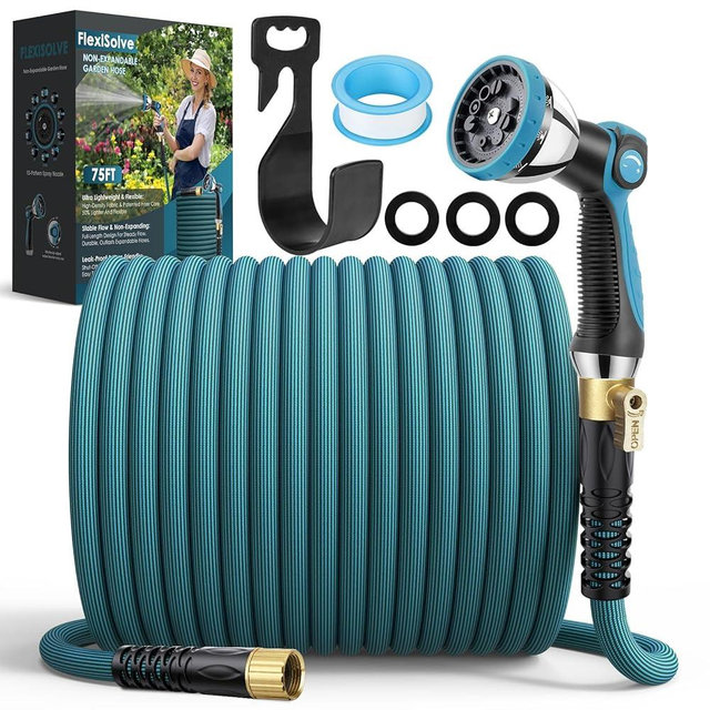 FlexiSolve Garden Hose 75 ft Non-Expandable - Ultra Lightweight Super Flexible & Kink-Free Water Hose with Shut-Off Valve, 10-Pattern Nozzle & Holder, Leakproof Heavy Duty Hose for Yard Outdoor, Blue