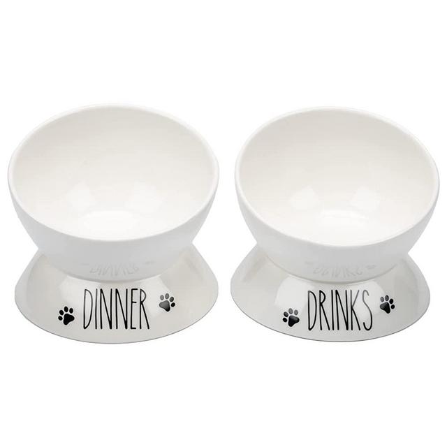 Prefurred Pet Elevated Cat Food Bowl Set (Dinner & Drinks Cat Dish) Two Elevated Cat Bowls, Cat Dishes for Food and Water. Porcelain Raised Cat Bowl, Small Pet Dog Bowl. Wide Tilted Cat Food Bowls.