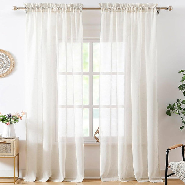 Treatmentex Flax Sheer Linen Curtains for Living Room 84inch Long Beige Natural Flax Blend Sheer Window Drapes for Bedroom, Farmhouse, Casual Rod Pocket, 52"x84" 2 Panels, Natural Off White