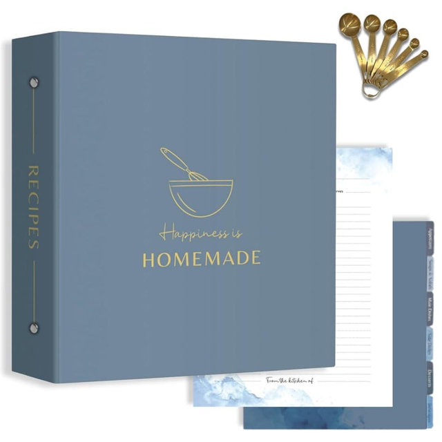 RJL Living Recipe Binder, Dusty Blue Recipe Binder with Plastic Sleeves, Recipe Binders with Gold Measuring Spoons, Blank Recipe Binder Italian Leather, Recipe Organizer Binder, Recipe Binder Kit