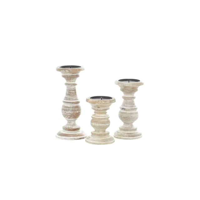 Ridge Road Décor Turned Mango Wood Candle Holders in Whitewash (Set of 3)