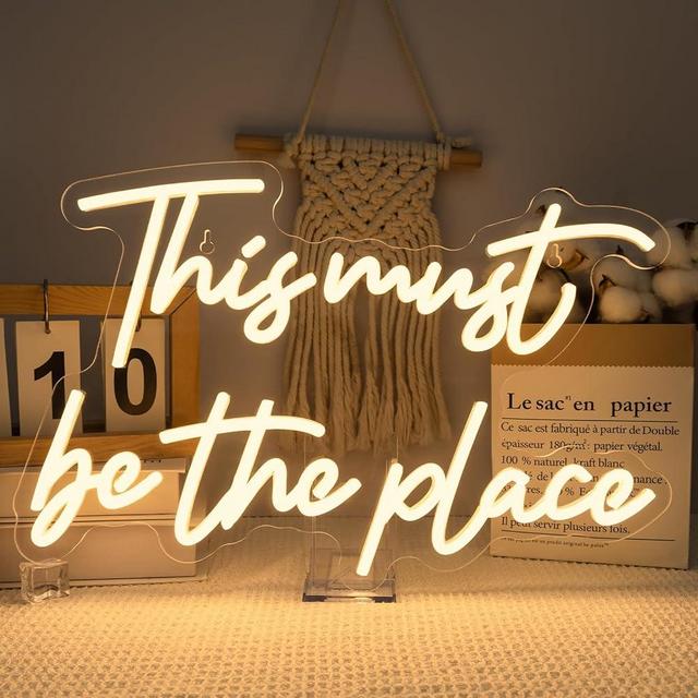 This Must Be The Place Neon Sign Warm White Letter Led Signs for Wall Decor Usb Word Light Up Signs for Bedroom Salon Man Cave Beer Home Bar Wedding Birthday Party Decor Gifts