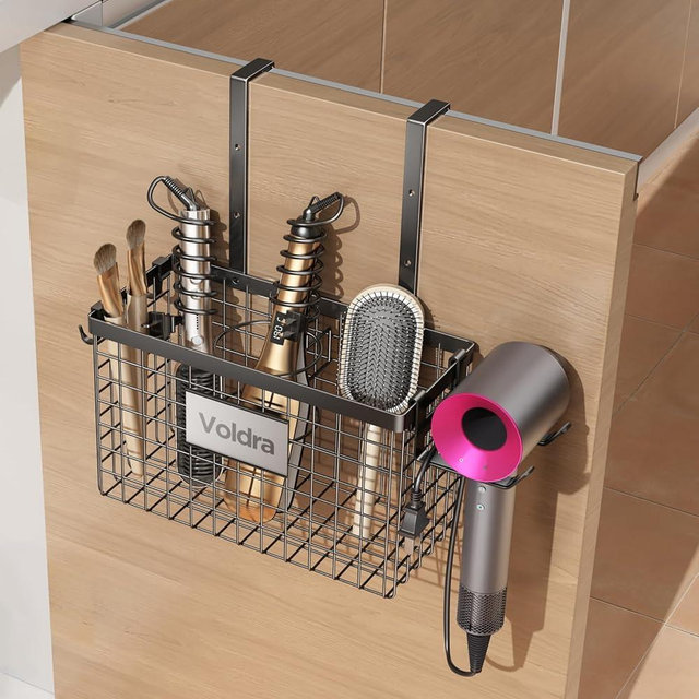 VOLDRA Hair Dryer Holder Cabinet Door Hair Tool Organizer Wall Mount Adjustable Height Blow Dryer Holder Under Sink/Countertop for Flat Curling Iron, Hair Brush, Hair Straightener(Black)