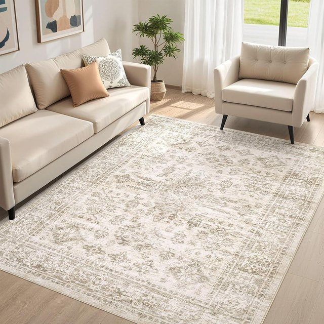 Area Rugs for Living Room: 5x7 Washable Rug Vintage Pattern Large Non-Slip Stain Resistant Soft Durable Floor Carpet for Bedroom, Dining Room, Home Office - Light Brown