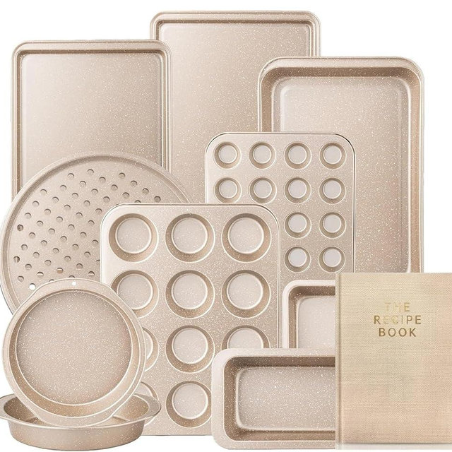 FLAREFX 11 Piece Baking Set | Nonstick & Non Toxic Bakeware Sets Baking Pans Set | Carbon Steel Baking Supplies Include Notebook, Cookie Sheets, Roasting Pan, Muffin Pan, Cake Pan, Pizza Pan, Loaf Pan