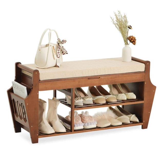 oakvivo 39.4" Shoe Bench with Storage, 2 Tier Bamboo Entryway Storage Bench, Shoe Rack Organizer with Cushion, Hidden Drawer and Side Holder, Holds up to 330lbs for Entryway Hallway Living Room