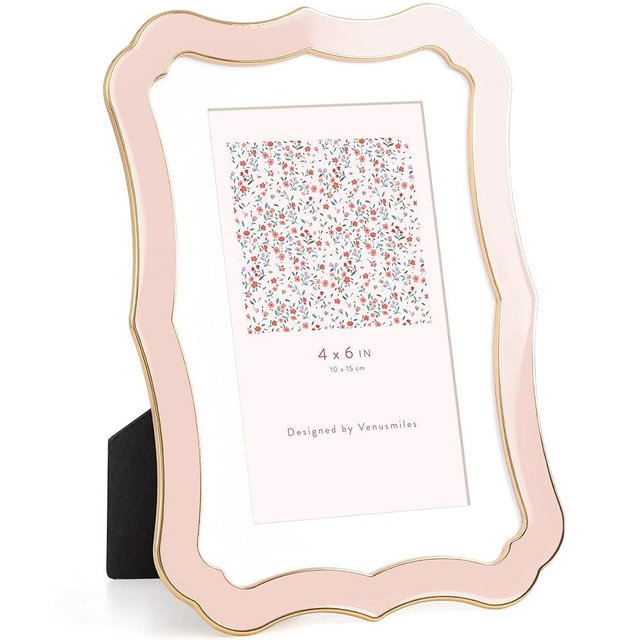 Venusmiles 4x6 Enamel Picture Frame with Mat to 3x5, Wavy Cloud Border, Gold Metal Edge Easel, Real Glass Photo Frame for Wall and Tabletop Display Family Office Photo Gallery, Pink Enamel/1pc