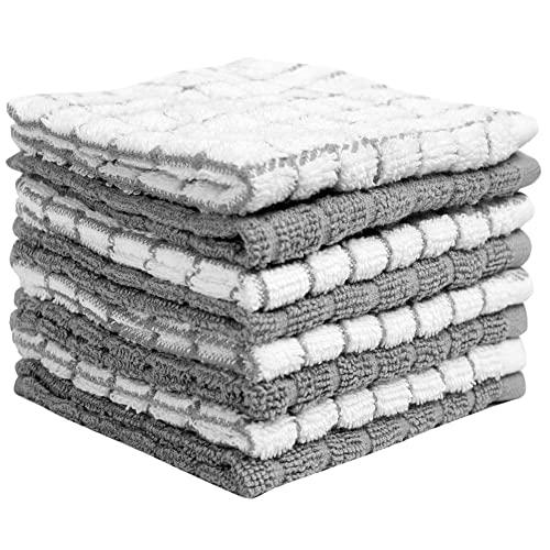 Premium Dish Cloths Set (12”x 12”, 8 Pack) – Cotton Kitchen Dish Cloth Towels – Check Design – 380 GSM Highly Absorbent DishTowels Set with Hanging Loop – Grey