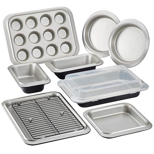 Anolon 47086 Allure Nonstick Bakeware Set with Nonstick Bread Pans, Cookie Sheet, Baking Pans with Lid, Cake Pans and Muffin/Cupcake Pan - 10 Piece, Onyx/Black/Pewter