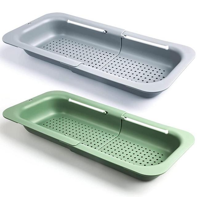 Komzon Over the Sink Strainer Colander 2 Pack, Extendable Strainer Basket for Kitchen, Adjustable Retractable Plastic Strainer Container Drain Vegetables, Fruits, Pasta and Dishes for Pantry