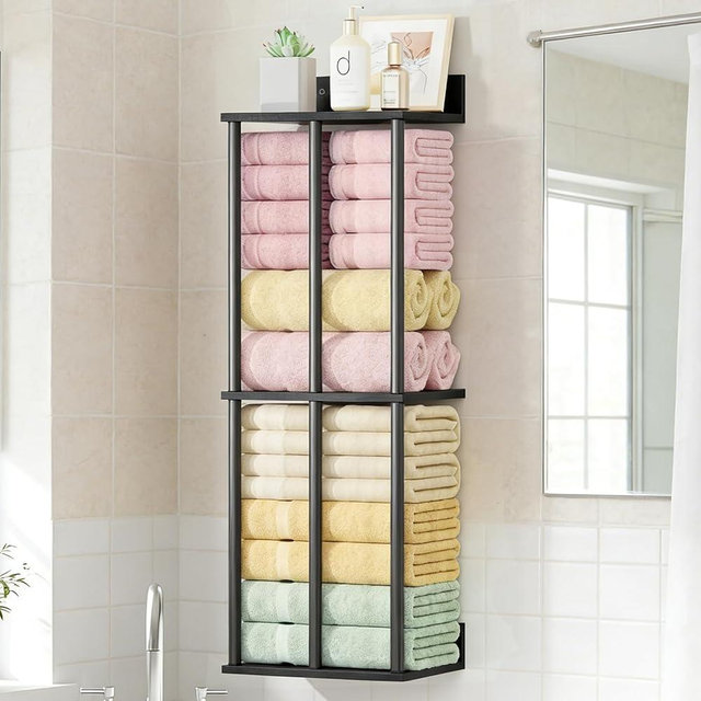 Towel Racks for Bathroom Wall Mounted with Shelf, Updated 3 Bar Bathroom Towel Holder Bath Storage Rack for Rolled Towel, Metal Small Bathrooms Towel Storage Rack, Black