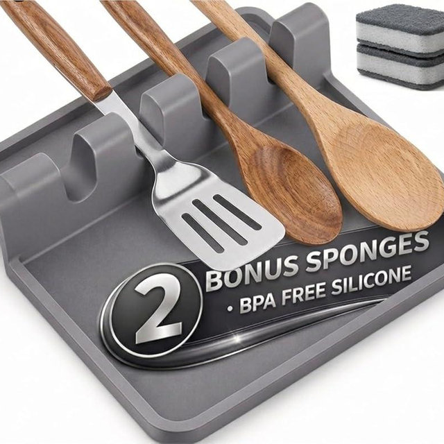 Silicone Spoon Rest for Stove Top – Silicone Utensil Holder with Large Drip Tray, Heat Resistant, BPA Free Food-Grade Silicone, Non-Slip Base, Dishwasher Safe, 4-Slot Design, Includes 2 Sponges (Gray)