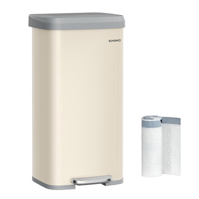 SONGMICS Kitchen Trash Can, 18-Gallon Stainless Steel Garbage Can, with Stay-Open Lid and Step-on Pedal, Soft Closure, Tall, Large and Space-Saving, Sand Beige and Dove Gray ULTB520A01