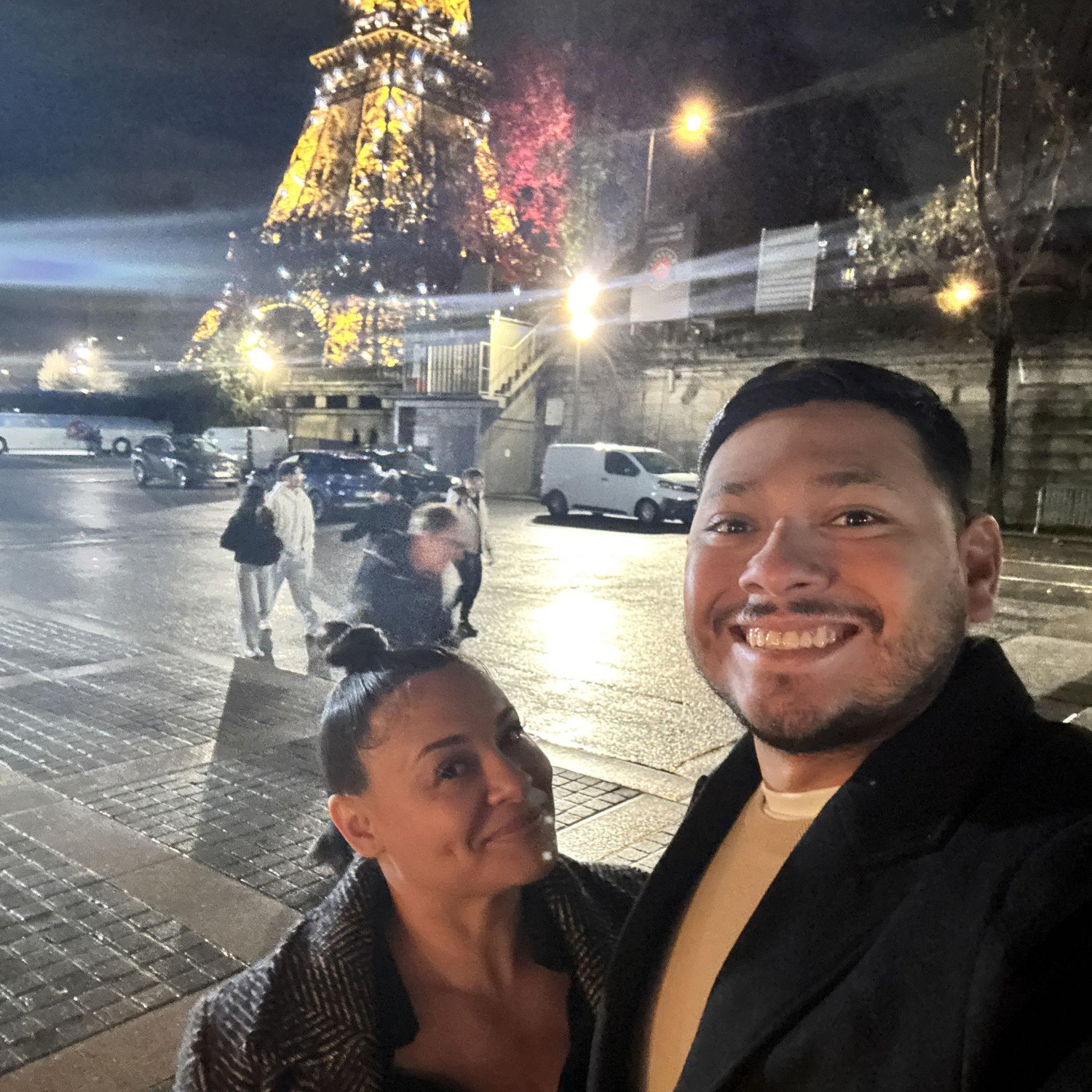 A late-night walk in Paris—rain and all, but nothing was bringing us down.