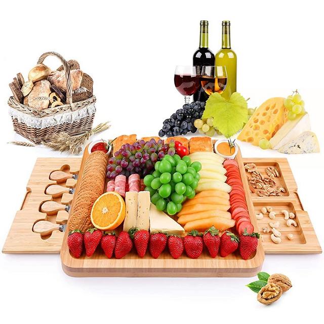 MOSONIC Bamboo Cheese Board - Charcuterie Boards Platter Serving Tray with Cutlery Knife Set, 2 Slide-Out Drawers, 2 Ceramic Bowls, Ideal for Housewarming Birthday Party Anniversary Wedding Gifts