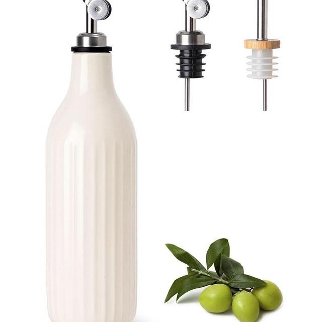 Olive Oil Dispenser Bottle for Kitchen, 19 oz Ceramic Oil and Vinegar Bottles Dispenser with 2 Oil Spouts, Large-Capacity Cooking Oil Container for Olive Oil, Vinegar & Other Liquids(Off-white)