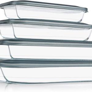 8 Pieces Glass Baking Dish with Lids Rectangular Glass Baking Pan Bakeware Set with Lids, Baking Pans for Lasagna, Leftovers, Cooking, Kitchen, Fridge-to-Oven, Gray