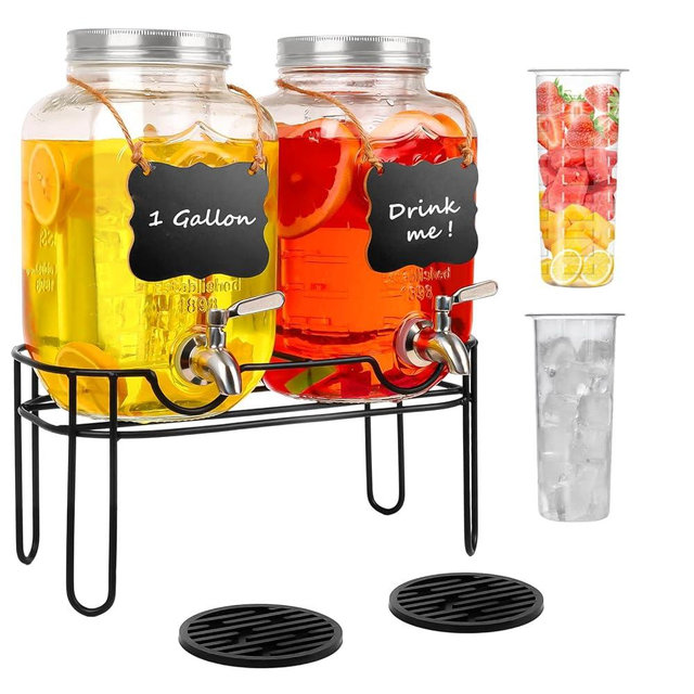 Drink Dispenser (2 Pack) With Metal Stand,Drink Dispensers for Parties,1 Gallon Beverage Dispenser with Stainless Steel Spigot & Lid,Come with Ice Cylinder,Fruit Tube and 2 Rubber Mats