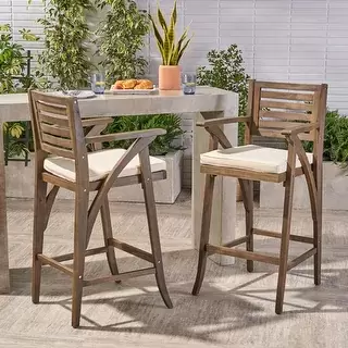 Brown Finish Hermosa Outdoor Acacia Wood Barstool with Cushion (Set of 2) by Christopher Knight Home - grey finish + cream cushion