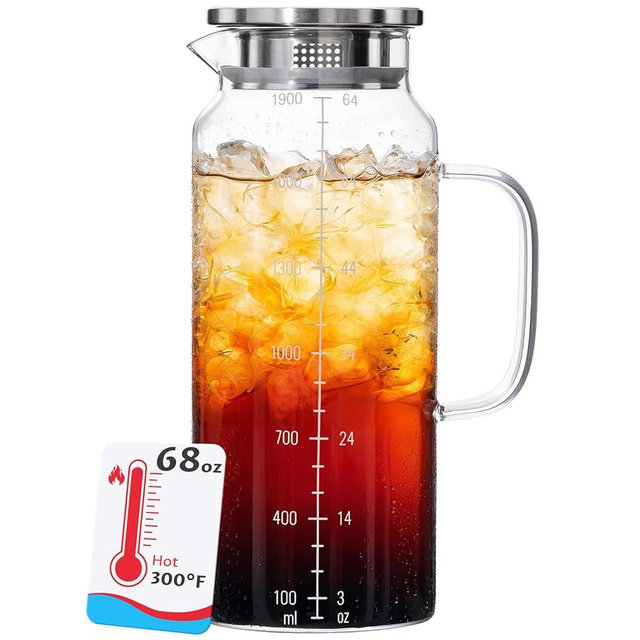 68oz Borosilicate Glass Pitcher with Lid and Handle – Dual Filter Spout, 300°F High-Temperature Resistant Carafe for Hot & Cold Drinks, Perfect for Iced Sun Tea, Coffee, BreastMilk, and Fridge Storage