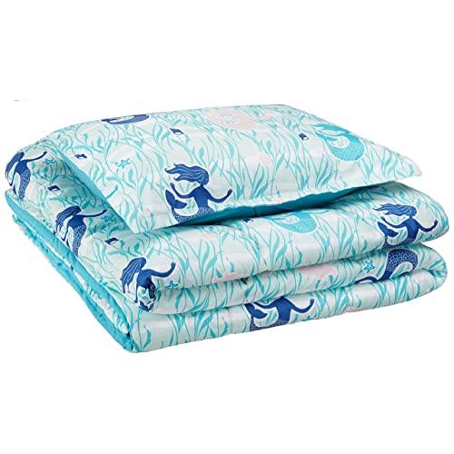 AmazonBasics Kid's Comforter Set - Soft, Easy-Wash Microfiber - Twin, Blue Mermaids