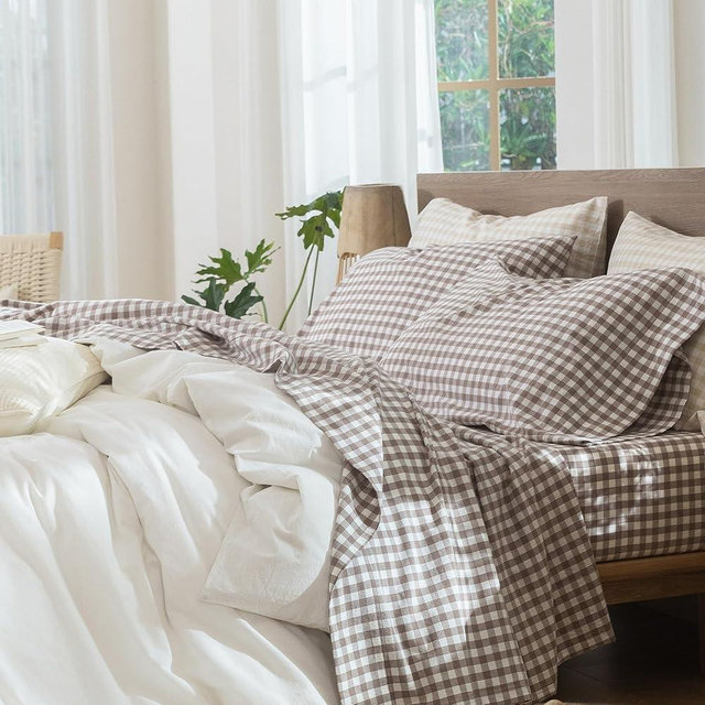 MooMee Gingham Sheet Set 100% Washed Cotton Linen Like Textured Breathable Soft w/Fully Elasticized 16-19" Deep Pocket (Classic Gingham Brown, King)