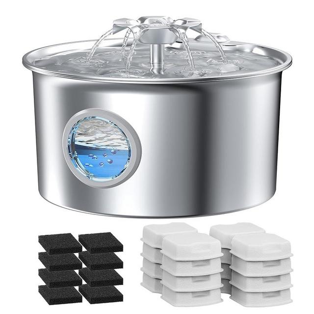 Cat Water Fountain Stainless Steel - 88oz/2.6L Pet Drinking Fountain for Cats Indoor with 8 Filters - Automatic Cat Watering Dispenser Bowl with Water Level Window - Quiet for Cats & Dogs Owners