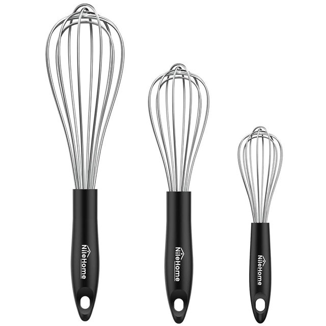 NileHome Silicone Whisk Set 8" 10" 12", 3 Pack Kitchen Whisk Kitchen Wisk Wire Whisks for Cooking, Whisking, Blending, Beating, Stirring-Black Silver