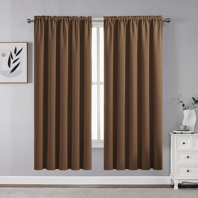 CUCRAF Brown Blackout Curtains 63 inch Length 2 Panels Set, Rod Pocket Room Darkening Drapes for Bedroom Living Room, Insulated Thermal Light Blocking Window Curtain (W52 x L63 Inch)