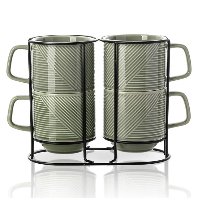 Adewnest Stackable Coffee Mugs with Rack : 13 oz Stacking Ceramic Coffee Cups with Stand - Porcelain Stacked Tea Mugs Set of 4 (Pea Green)