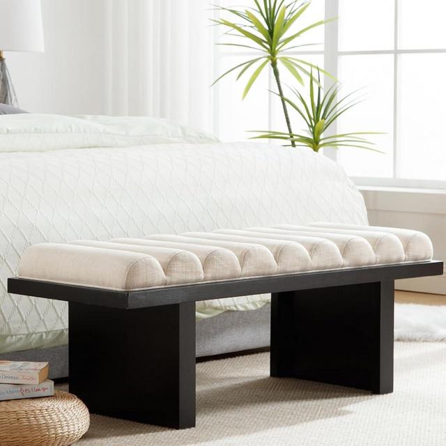 Ya-Home Modern Upholstered Bench, 47” Bedroom Bench End of Bed Bench, Wooden Entryway Bench with Cylindrical Cushion Black Wood Legs, Under Window Bench for Living Room Hallway, Linen Beige