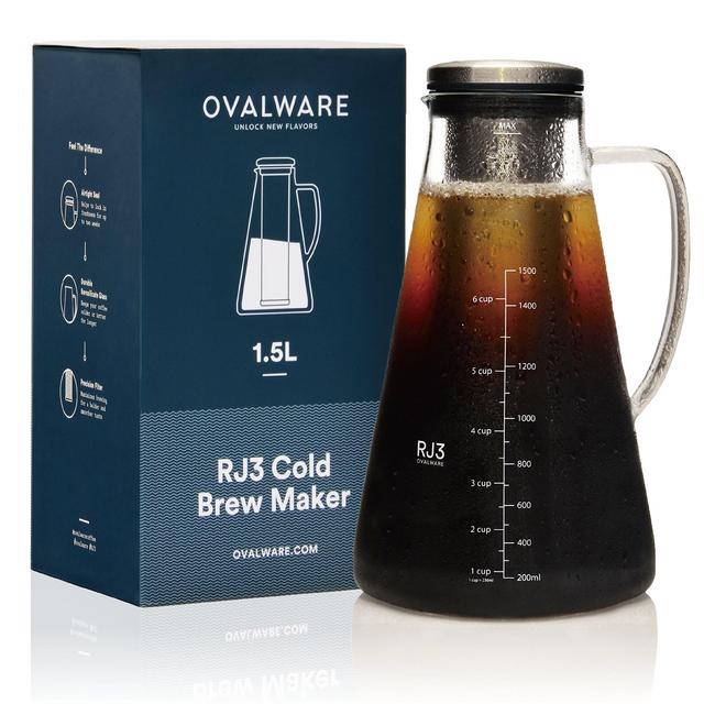 Airtight Cold Brew Iced Coffee Maker ( Iced Tea Maker) with Spout – 1.5L/ 51oz Ovalware RJ3 Brewing Glass Carafe with Removable Stainless Steel Filter
