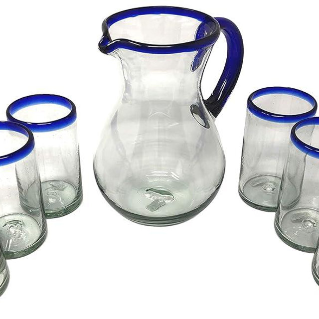 Dos Sueños Mexican Hand Blown Glass Drinkware Set - Includes Pitcher (84oz) and 6 Blown Drinking Glasses (14oz) – Cobalt Blue Rim