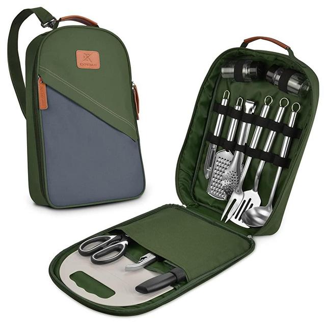 Extremus Camping Cooking Utensils Set 13 Pcs Cookware Kit - Portable Outdoor Cooking and Grilling Utensil Organizer Travel Set for Backpacking BBQ Camping Travel,Camping Accessories,Combat Green