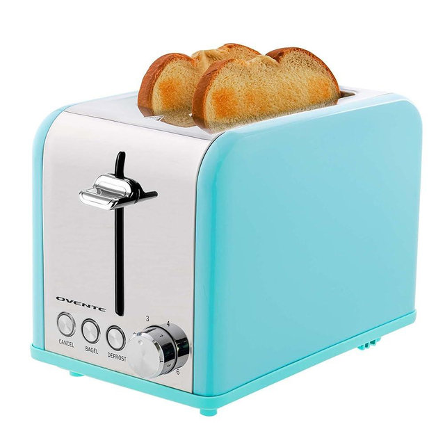 OVENTE 2 Slice Toaster, Extra Wide Slot with 6 Toast Settings, Stainless Steel Body and Removable Crumb Tray, Compact Countertop Toaster for Bread, Muffin, Croissant, Bagel, Waffles, Turquoise TS2450T
